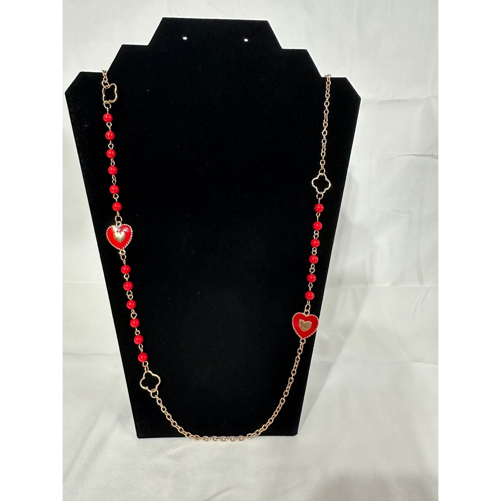Mode Red Heart Bead Station Long Necklace Gold Tone Enamel NN54559-004 NEW